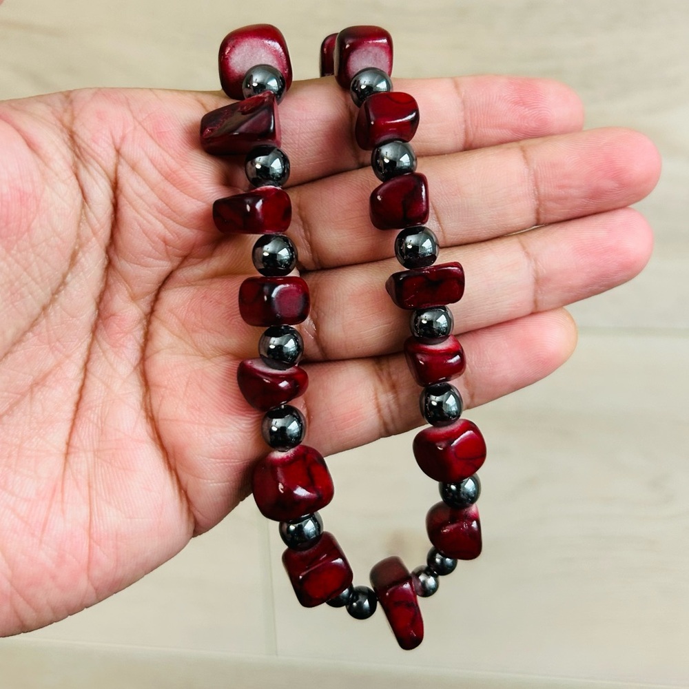 Hematite and Red Coral Necklace 16”